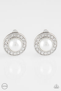 Paparazzi "Definitely Dapper" White Pearl & Rhinestone Silver Clip On Earrings Paparazzi Jewelry