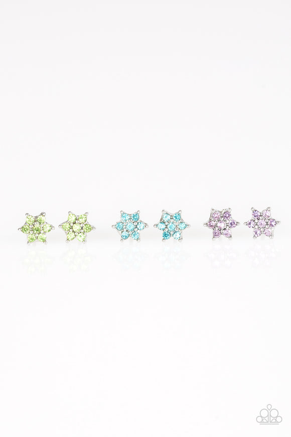 Girl's Starlet Shimmer Set of 5 Multi Color Rhinestone Snowflake Star Silver Post Earrings Paparazzi Jewelry