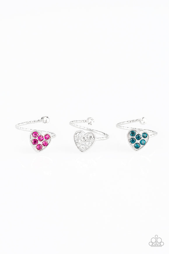 Girl's Starlet Shimmer Set of 5 Multi Color Pink Red White Blue Rhinestone Heart Valentine Silver Rings Paparazzi Jewelry