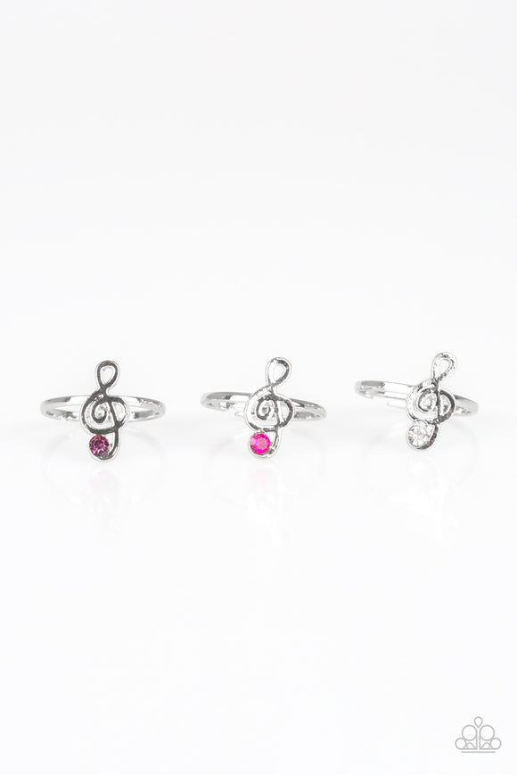 Girl's Starlet Shimmer Set of 5 Multi Color Rhinestone Musical Note Treble Cleft Silver Rings Paparazzi Jewelry