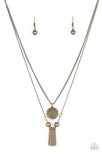 Paparazzi "SOL Quest" Brass Sunburst Pattern Pendant Necklace & Earring Set Paparazzi Jewelry