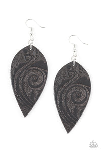 Paparazzi "Groovy Grove" Black Leather leaf Shape Swirl Pattern Earrings Paparazzi Jewelry