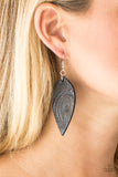 Paparazzi "Groovy Grove" Black Leather leaf Shape Swirl Pattern Earrings Paparazzi Jewelry
