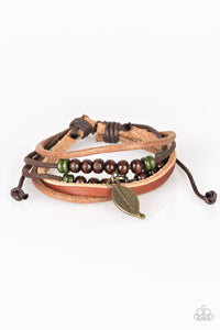 Paparazzi "Need More Nature" Brown Leather Wooden Bead Brass Leaf Charm Urban Bracelet Unisex Paparazzi Jewelry