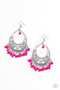 Paparazzi "Malibu Mamba" Pink Seed Bead Silver Ornate Hoop Earrings Paparazzi Jewelry