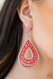 Paparazzi "Drop Anchor" Red Vine Design Silver Teardrop Hoop Earrings Paparazzi Jewelry
