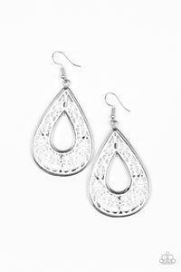 Paparazzi "Drop Anchor" White Vine Design Silver Teardrop Hoop Earrings Paparazzi Jewelry