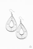 Paparazzi "Drop Anchor" White Vine Design Silver Teardrop Hoop Earrings Paparazzi Jewelry