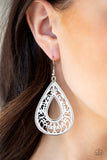 Paparazzi "Drop Anchor" White Vine Design Silver Teardrop Hoop Earrings Paparazzi Jewelry