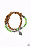 Paparazzi "Wonderfully Woodland" Green Silver and Brown Wooden Bead Silver Leaf Charm Bracelet Paparazzi Jewelry
