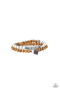 Paparazzi "Wonderfully Woodland" White Silver and Brown Wooden Bead Silver Leaf Charm Bracelet Paparazzi Jewelry