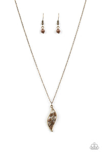 Paparazzi "Let STEM Talk" Brass Frame Brown Cats Eye Stone Leaf Design Necklace & Earring Set Paparazzi Jewelry