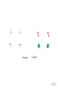 Girl's Starlet Shimmer Christmas Reindeer Santa Tree Candy Cane HOHO Set of 5 Sparkle Silver Post Earrings Paparazzi Jewelry