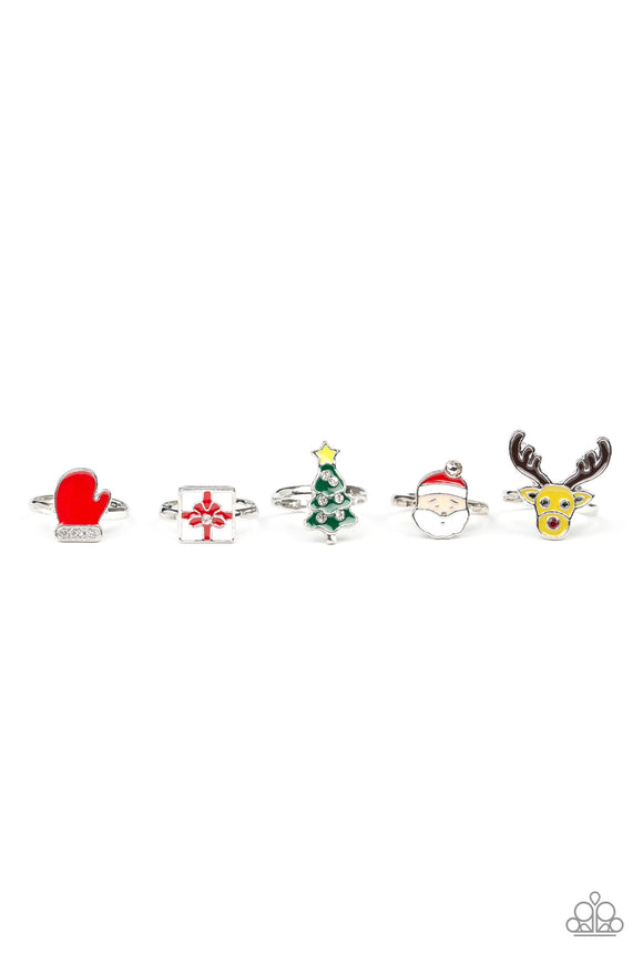 Girls Paparazzi Starlet Shimmer Christmas Rings Santa, Tree, Gift, Rudolph, Mitten Set of 5 Paparazzi Jewelry