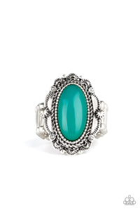 Paparazzi "Malibu Majestic" Green Bead Ornate Silver Ring Paparazzi Jewelry
