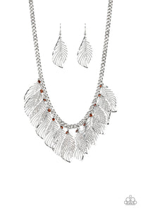 Paparazzi "Feathery Foliage" Brown Rhinestone Silver Feather Fringe Necklace & Earring Set Paparazzi Jewelry