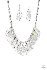 Paparazzi "Feathery Foliage" Green Rhinestone Silver Feather Fringe Necklace & Earring Set Paparazzi Jewelry