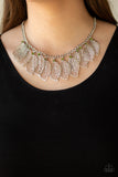 Paparazzi "Feathery Foliage" Green Rhinestone Silver Feather Fringe Necklace & Earring Set Paparazzi Jewelry