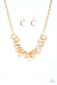 Paparazzi VINTAGE VAULT "Ringing in the Bling" Gold Necklace & Earring Set Paparazzi Jewelry