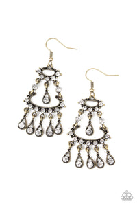 Paparazzi "Chandelier Shimmer" Brass Frame White Rhinestone Dangle Earrings Paparazzi Jewelry