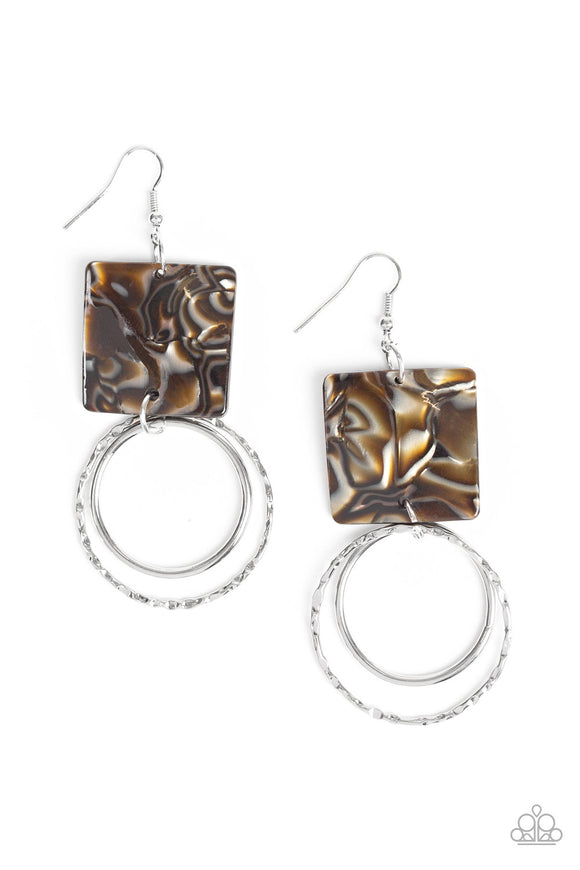 Paparazzi “Maven Maker” Brown Acrylic Frame Silver Hammered Hoop Earrings Paparazzi Jewelry