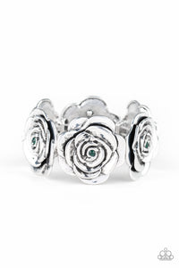 Paparazzi "Floral Flamboyancy" Green Rhinestone Silver Rosebud Frame Bracelet Paparazzi Jewelry