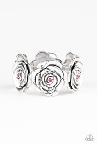 Paparazzi "Floral Flamboyancy" Pink Rhinestone Silver Rosebud Frame Bracelet Paparazzi Jewelry