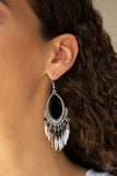 Paparazzi "One Way Flight" Black Bead Silver Feather Fringe Earrings Paparazzi Jewelry
