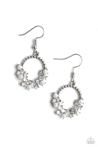 Paparazzi "Refined Razzle" White Rhinestone and Pearl Silver Hoop Earrings Paparazzi Jewelry