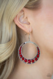 Paparazzi "Ka-POW Dazzle" Red Rhinestone Encrusted Silver Hoop Earrings Paparazzi Jewelry