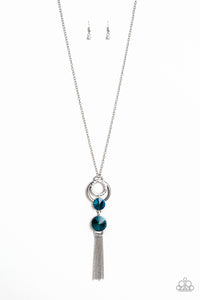 Paparazzi "Very Fort-YOU-nate" Blue Glassy Gem White Rhinestone Silver Necklace & Earring Set Paparazzi Jewelry