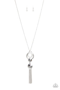 Paparazzi "Very Fort-YOU-nate" Silver Frame Smoky Glassy Gem White Rhinestone Necklace & Earring Set Paparazzi Jewelry