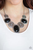 Paparazzi "The Medallion-aire" Black Bead Silver Floral Frame  Necklace & Earring Set Paparazzi Jewelry