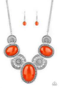 Paparazzi "The Medallion-aire" Orange Bead Silver Floral Frame  Necklace & Earring Set Paparazzi Jewelry