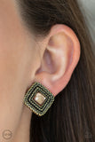Paparazzi "Fashion Square" Brass Gem Square Frame Silver Clip On Earrings Paparazzi Jewelry
