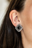 Paparazzi "Fashion Square" Black Gem Square Frame Silver Clip On Earrings Paparazzi Jewelry