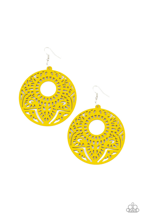 Paparazzi “Mandala Mambo” Yellow Wooden Mandala Design Earrings Paparazzi Jewelry