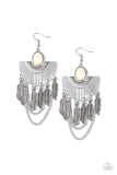 Paparazzi "Sure Thing, Chief!" White Stone Silver Feather Fringe Earrings Paparazzi Jewelry