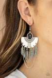 Paparazzi "Sure Thing, Chief!" Black Stone Silver Feather Fringe Earrings Paparazzi Jewelry