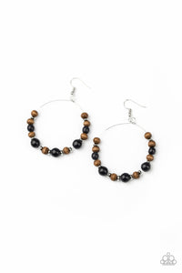 Paparazzi "Forestry Fashion" Black Stone Wooden Bead Silver Hoop Earrings Paparazzi Jewelry