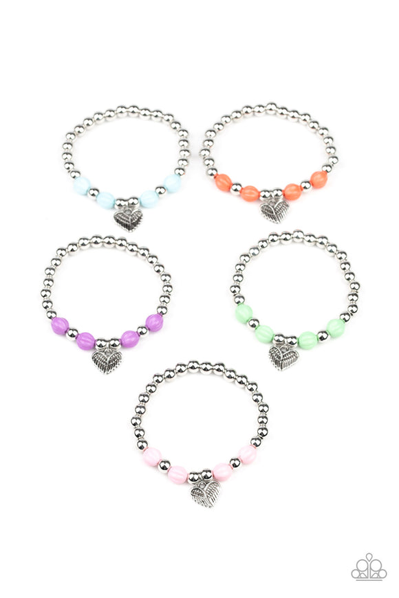 Girl's Starlet Shimmer 183XX Multi Blue Purple Pink Orange Green Color Silver Angel Heart Charm Set of 5 Bracelets Paparazzi Jewelry