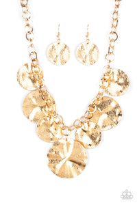 Paparazzi "Barely Scratched The Surface" Gold Scratched Warp Disc Necklace & Earring Set Paparazzi Jewelry