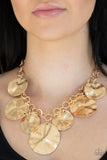 Paparazzi "Barely Scratched The Surface" Gold Scratched Warp Disc Necklace & Earring Set Paparazzi Jewelry