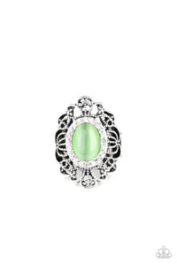 Paparazzi "Dashingly Dewy" Green Moonstone Silver Ornate Ring Paparazzi Jewelry