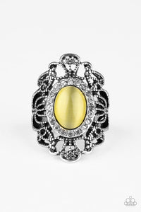 Paparazzi "Dashingly Dewy" Yellow Moonstone Silver Ornate Ring Paparazzi Jewelry