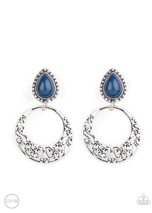 Paparazzi "Exotic Escape" Blue Bead Silver Filigree Hoop Clip On Earrings Paparazzi Jewelry