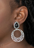 Paparazzi "Exotic Escape" Black Bead Silver Filigree Hoop Clip On Earrings Paparazzi Jewelry