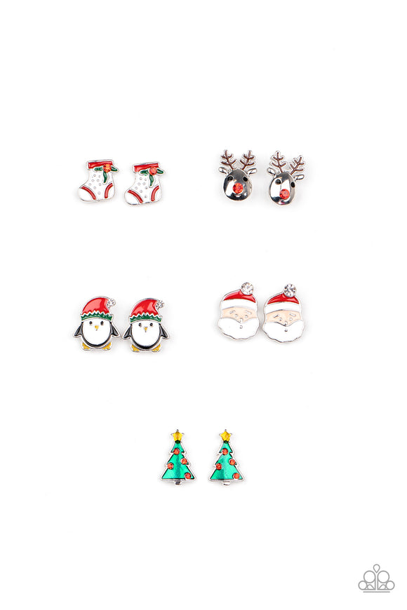 Girl's Starlet Shimmer Christmas 301XX Set of 5 Santa Penguin Tree Stocking Reindeer Post Earrings Paparazzi Jewelry