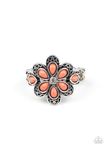 Paparazzi "Fruity Florals" Orange Faceted Teardrop Bead White Rhinestone Floral Design Ring Paparazzi Jewelry