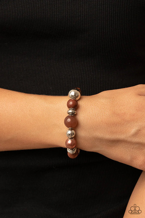 all dressed uptown brown paparazzi Ornamental Outfit - Brown Pearl UV Silver Bead Stretchy Bracelet